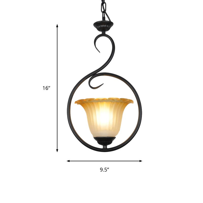 1 Light Flower Pendant Lighting Traditional White/Black Metal Hanging Light Fixture with Ring