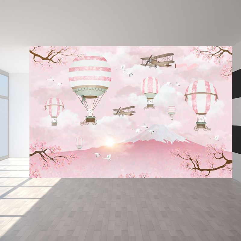 Pink Rabbits Balloon Trip Mural Mount Fuji Cherry Blossom Cartoon Washable Wall Decor