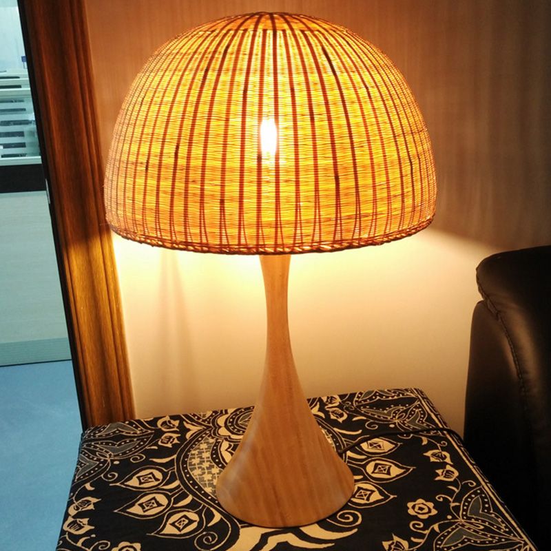 Trumpet Wood Desk Lamp Asia 1 Bulb Beige Task Lighting with Hemisphere Bamboo Shade