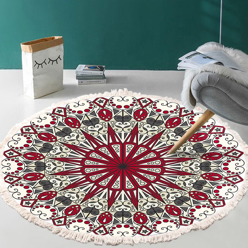 Round Black Tone Bohemian Area Carpet Polyester Ethnic Print Indoor Rug Anti-Slip Backing Carpet for Living Room