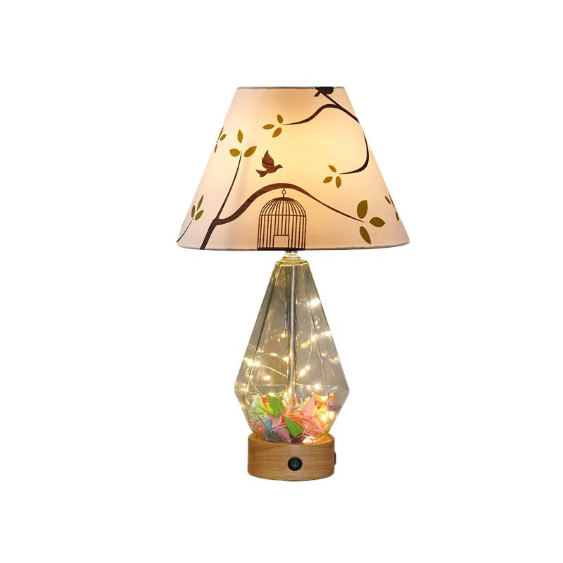 Clear Glass Urn/Diamond Night Lamp Contemporary 1-Bulb Bedroom Table Light with Cone Printing Fabric Shade