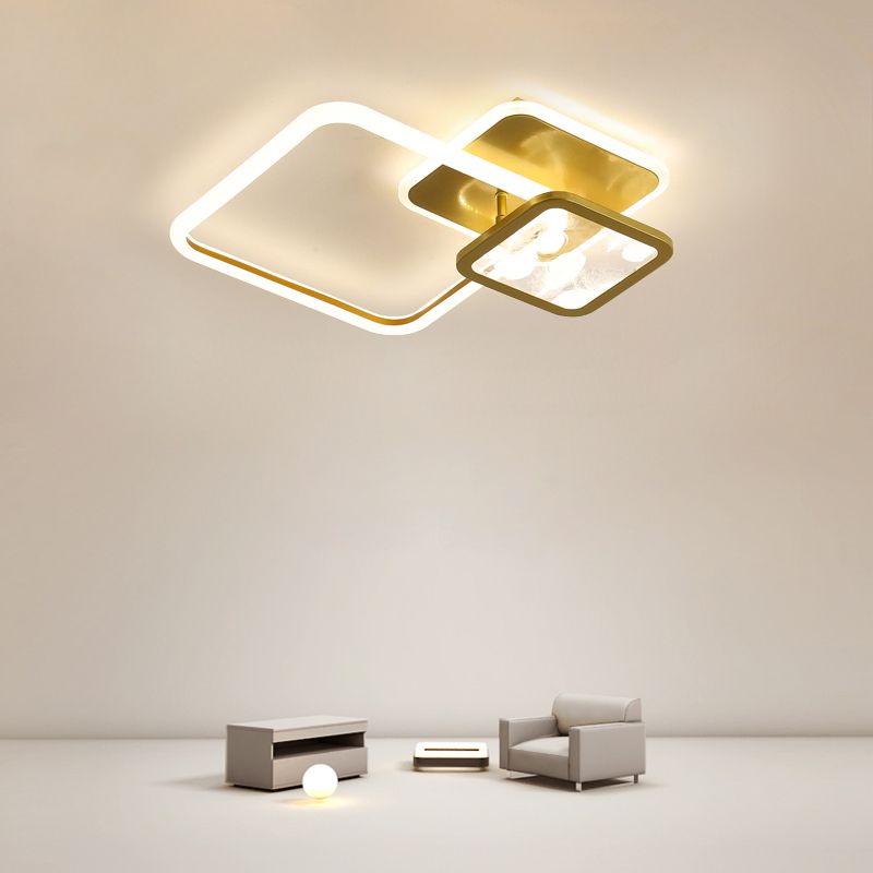 Square Shape Metal Flush Mount Light Modern Style 3 Lights Ceiling Mount Light in Gold