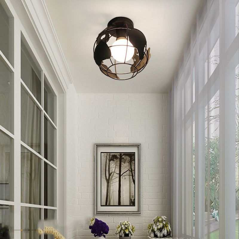 Industrial Flush Ceiling Lights Metal 1-Light Flush Mount in Black for Entryway