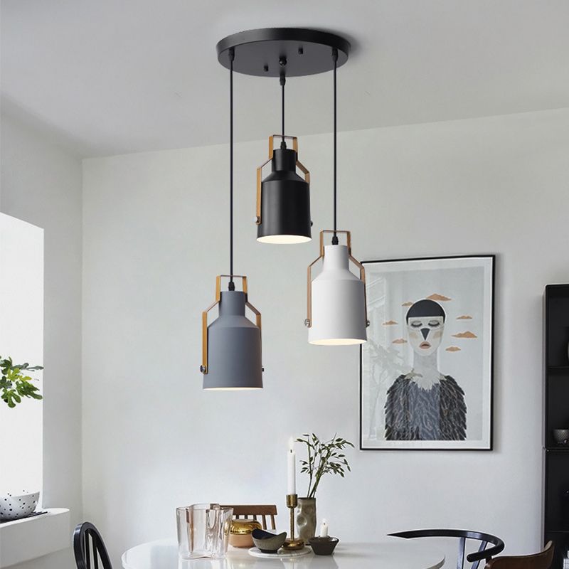 Cylinder/Bottle/Bell Hanging Lamp Kit Nordic Metal 3-Head Dining Room Suspension Pendant in Black