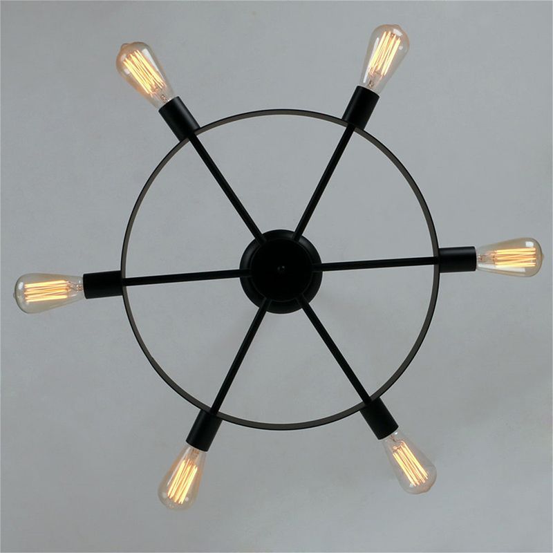 Black Wheel Shaped Ceiling Light Industrial Iron 6-Light Kitchen Semi Flush Mount Light