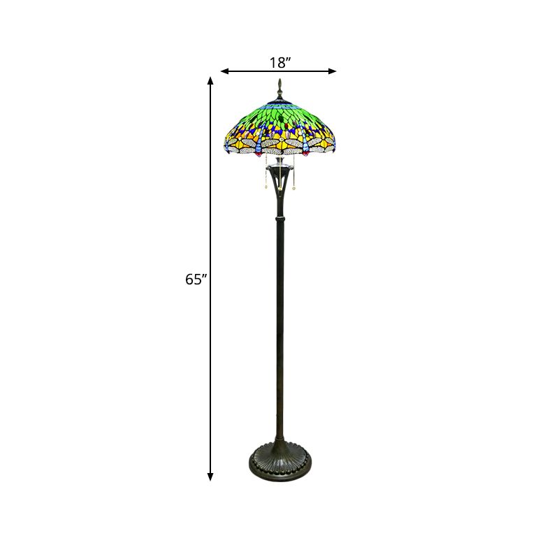 Stained Glass Dragonfly Reading Floor Lamp Baroque 3 Heads Yellow/Blue/Green Pull Chain Stand Up Light with Domed Shade