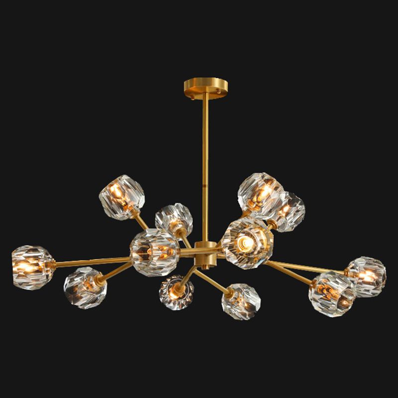 Branche salon Suspension Light Metal Metal Artistic Chandelier Light avec une nuance de cristal à facettes en or