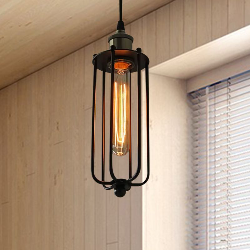 Metallic Matte Black Pendant Lamp Cylinder Cage Shade 1 Light Vintage Style Hanging Fixture