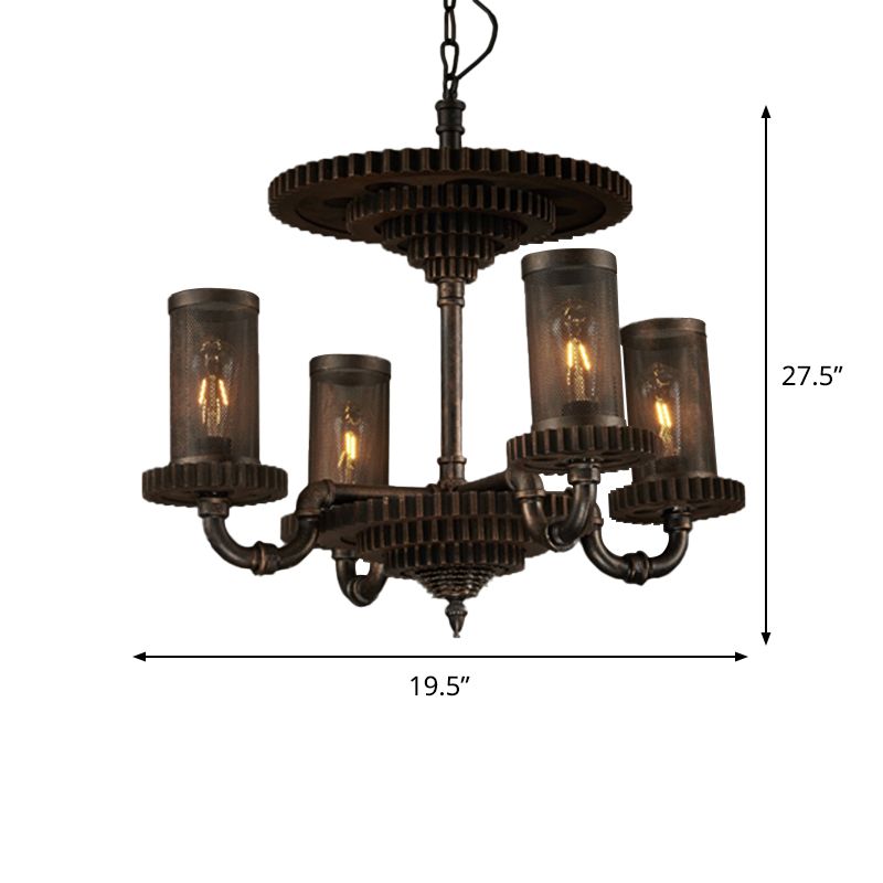 Warehouse Cylinder Hanging Chandelier 4 Lights Metal Pendant Light Kit in Black with Gear Deco