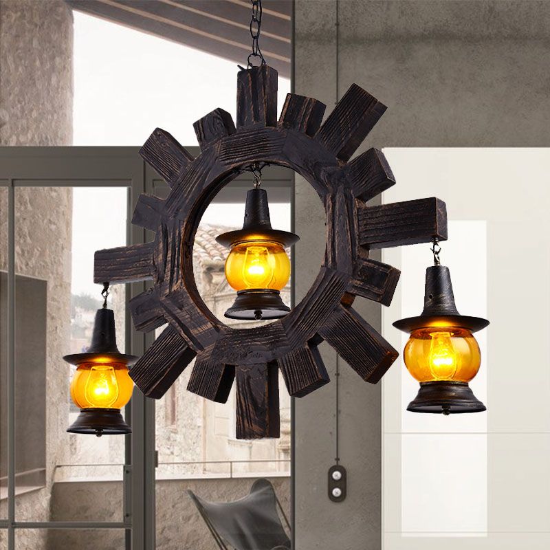 Amber Glass Black Chandelier Light Kerosene 3 Lights Factory Ceiling Hang Fixture for Living Room