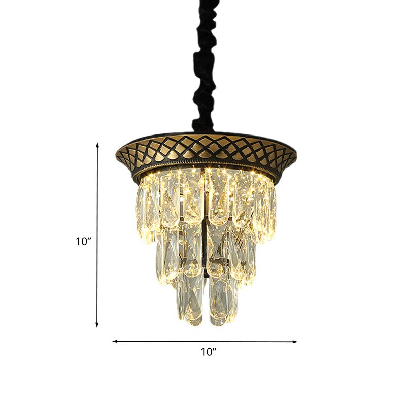 3 Tiers Crystal Rectangle Pendant Light Vintage Style Dining Room LED Hanging Lamp in Black/Gold