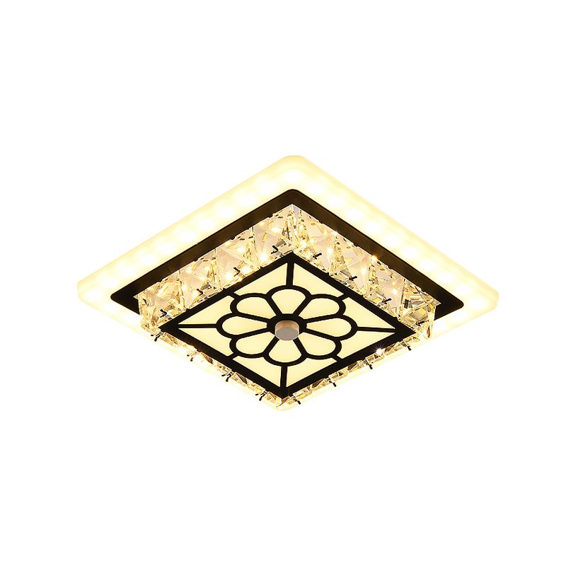 Beveled Crystal LED Ceiling Light Modern Black Floral Pattern Round/Square Corridor Flushmount Lamp