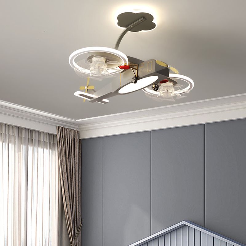 Kids LED Ceiling Fan Lamp Airplane Metal Fan Lighting in Grey for Bedroom