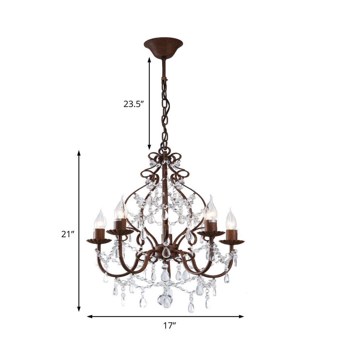 Antiquitätenstil Kerzeanhängerlampe mit klarem Kristallstrang 5 Lichter Kronleuchter hell in dunkler Rost für Foyer