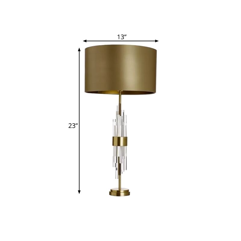 Gold Drum Table Light Minimalist 1-Light 13"/15" Wide Fabric Nightstand Lamp with Prismatic Crystal Accent