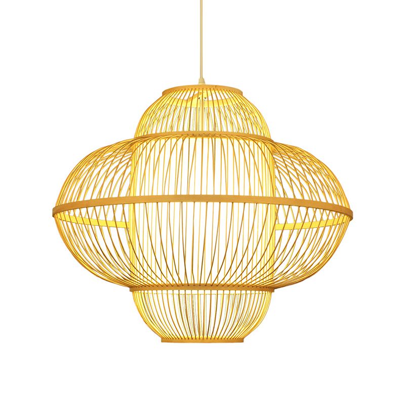 Lantern Pendant Lamp Chinese Bamboo 1 Head Beige Hanging Ceiling Light, 18"/23.5" Wide