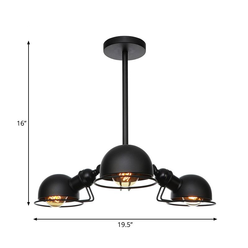 Domed Metallic Pendant Lighting Industrial Style 3 Bulbs Black/Brass Finish Chandelier Light with Wire Frame