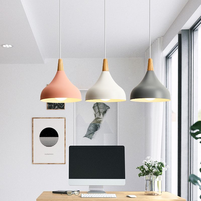 Onion Dining Room Ceiling Pendant Light Metal 1-Light Macaron Suspended Lighting Fixture in White/Pink/Green and Wood