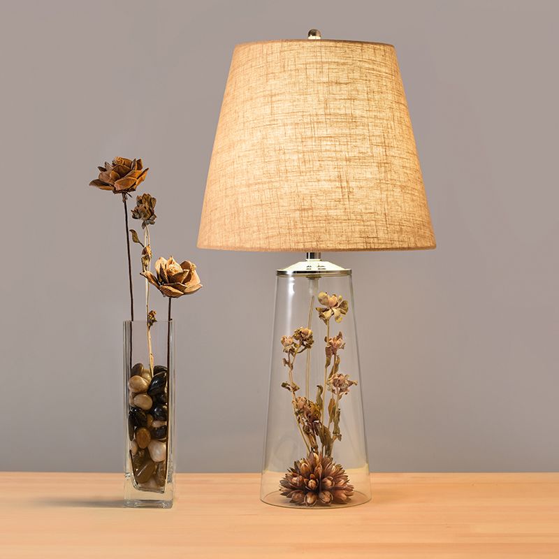 Modern 1 Head Table Light Clear Waterdrop/Bottle Glass Night Lighting with Dried Flower Decor and Flaxen Fabric Shade