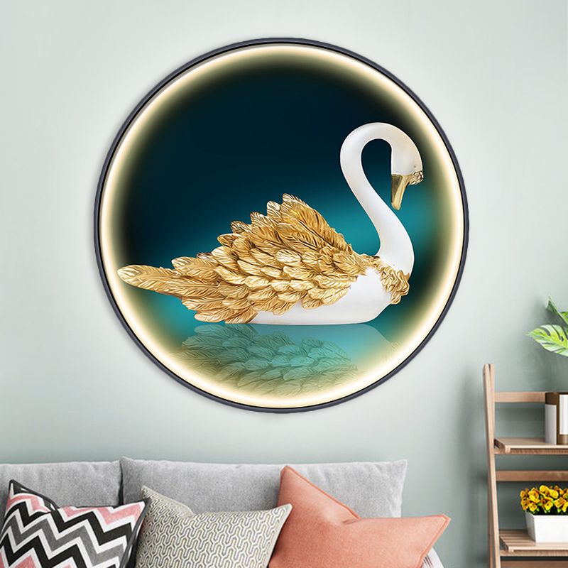 LED Parlor Swan Wall Mounted Light Asian Green Wall Mural Sconce with Round Metal Shade, Left/Right