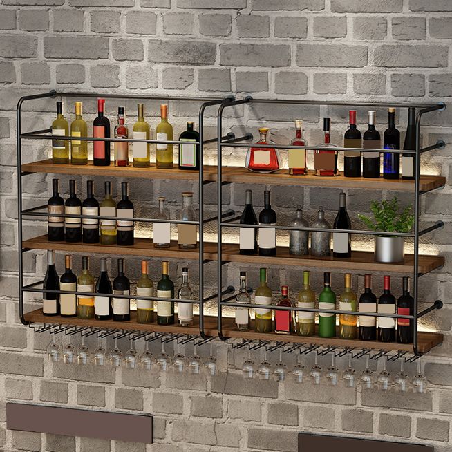 Modern Style Wood and Iron Wall Mounted Wine Rack with Light in Black