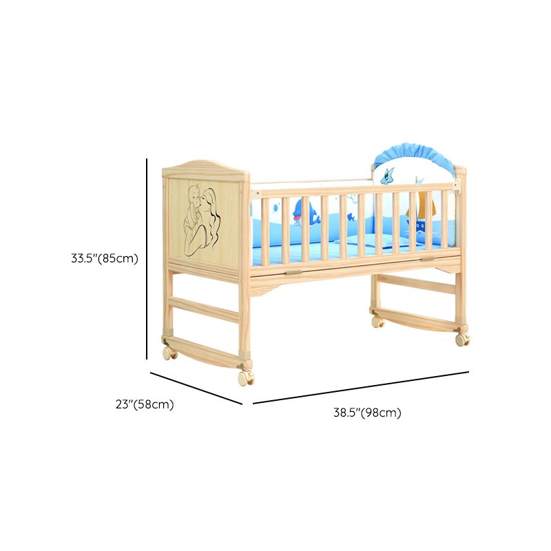 Contemporary 33.46"H Natural Bed Solid Wood Baby Bed with Wheels