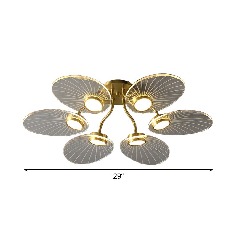 6 Heads Bedroom Semi Flush Light Modern Brass Flush Ceiling Lamp Fixture with Leaf Acrylic Shade