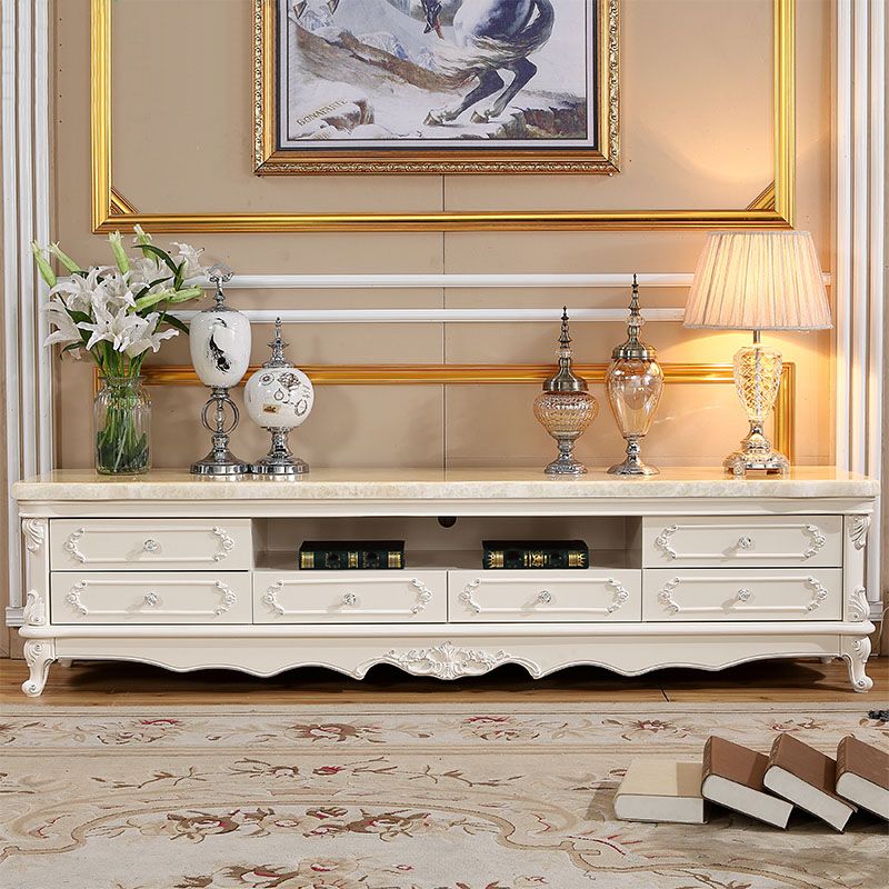 European Marble Living Room TV Cabinet White Solid Wood TV Console