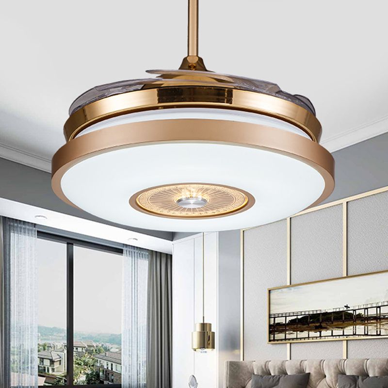 Circle Bedroom Semi Flush Mount Minimalist Metal LED Gold Hanging Fan Lighting with 4 Clear Blades, 36"/42" Width