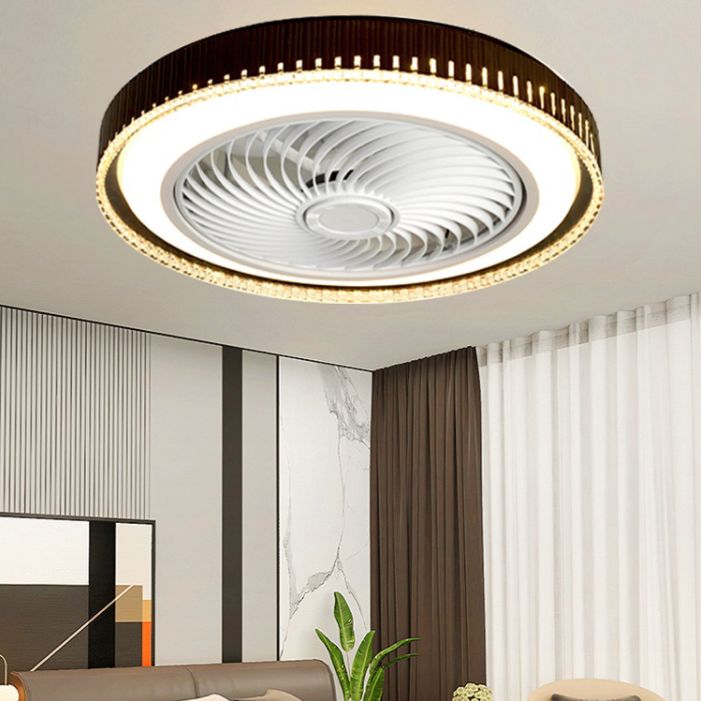 Minimalism Drum Shaped Flush Mount Ceiling Fan Metal Dining Room LED Semi Flush Light