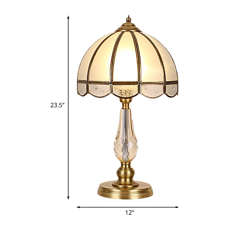 1 Bulb Night Table Lamp Vintage Scalloped Shade Beige/Frosted Glass Nightstand Light in Gold with Clear Crystal Accent