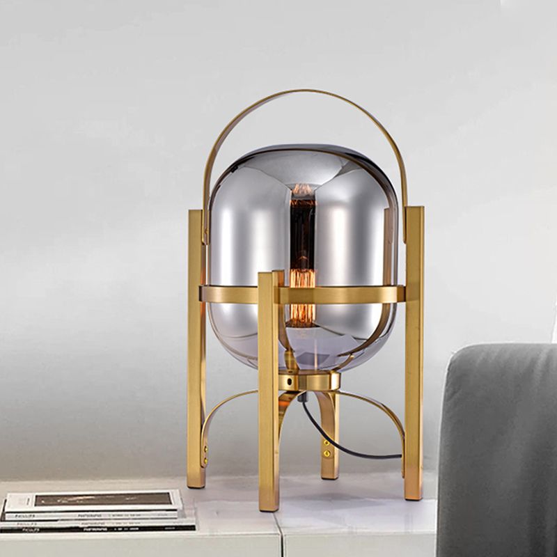 Postmodern LED Night Table Light Gold Finish Oval Desk Lamp with White/Smoke Gray Glass Shade