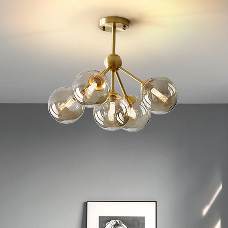 5 Heads Dining Room Pendant Chandelier Modern Brass Hanging Light Kit with Orb Amber Glass Shade