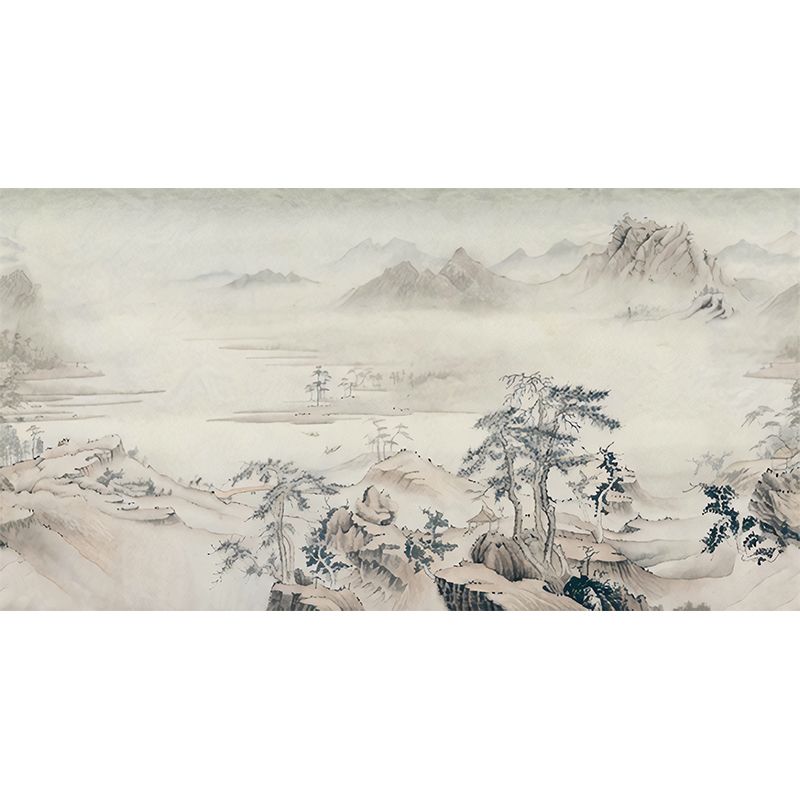 Asian Pine Tree Wall Murals for Home Decor Custom Wall Covering in Grey-Light Yellow