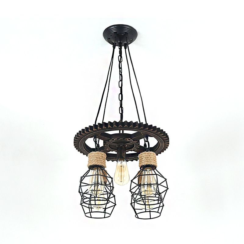 Black Wagon Wheel Chandelier Lamp Industrial Metal 5/7-Light Living Room Hanging Light