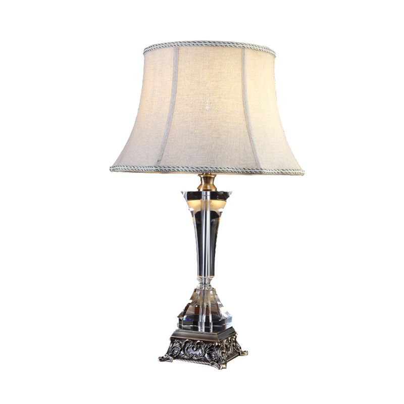 Cream Gray Tapered Night Table Light Countryside Fabric 1 Light Bedroom Nightstand Lamp with Crystal Base