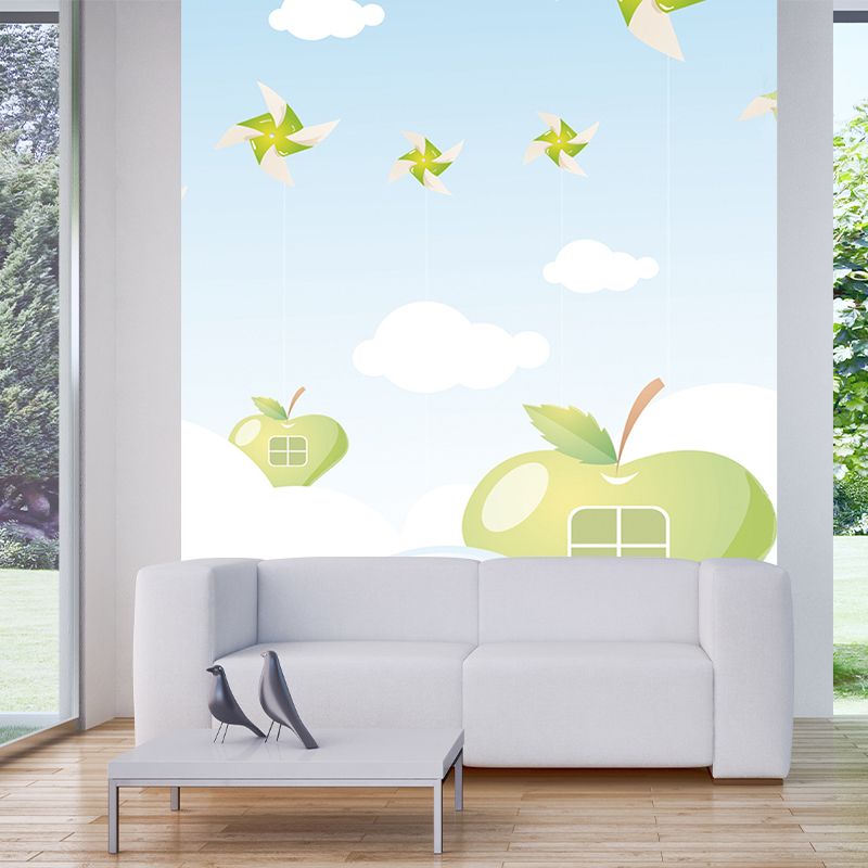 Cartoon Sky Apple House Murals for Kids Bedroom Full-Size Wall Decor in Blue-Green