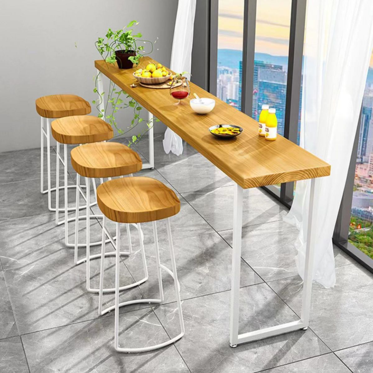 Modern White Iron Bar Dining Table Rectangle Pine Wood Indoor Bistro Table