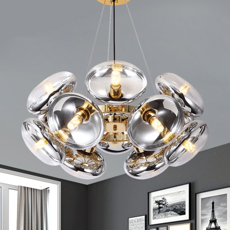 12-Light Round Shade Chandelier Modern Clear Glass Cord Hanging Light in Gold/Silver