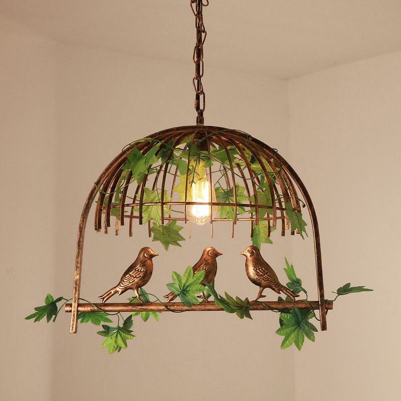 Cage industrielle Cage Pendante Light Fer Hanging Island Light With Ivy Decor in Rust for Restaurant