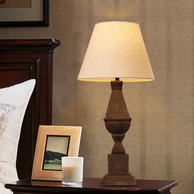 Brown Conic Night Light Countryside Fabric 1 Bulb Bedroom Table Lamp with Resin Font Base