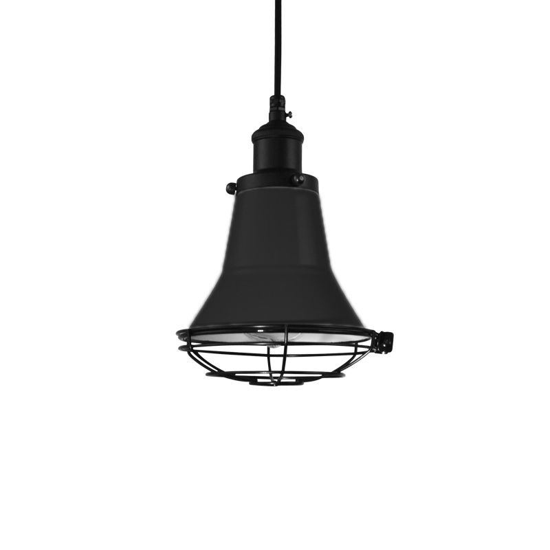 Bell Bedroom Ceiling Light Industrial Metal 1-Light Black/White/Yellow Pendant Ceiling Light with Wire Cage Shade