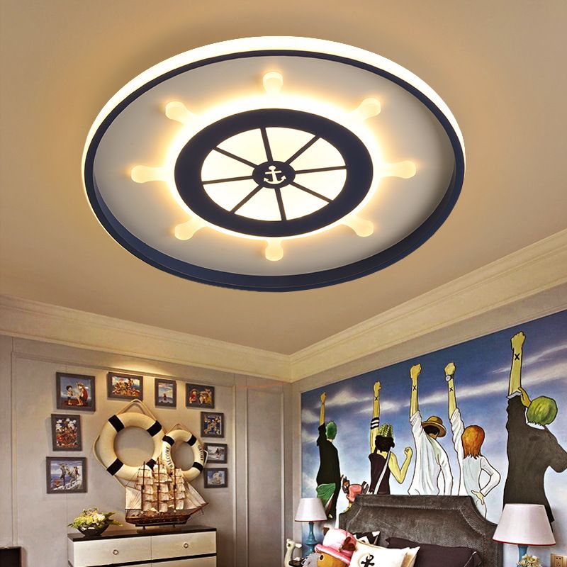 Blue Round Flush Light Fixture Kids 18"/23.5" Wide LED Acrylic Ceiling Lamp with Rudder Design, Warm/White Light