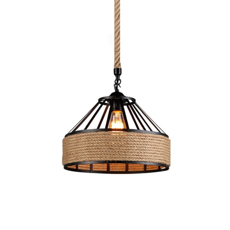 Rope Black 1-Light Pendant Lamp Cylinder Vintage Loft Ceiling Fixture for Dining Room