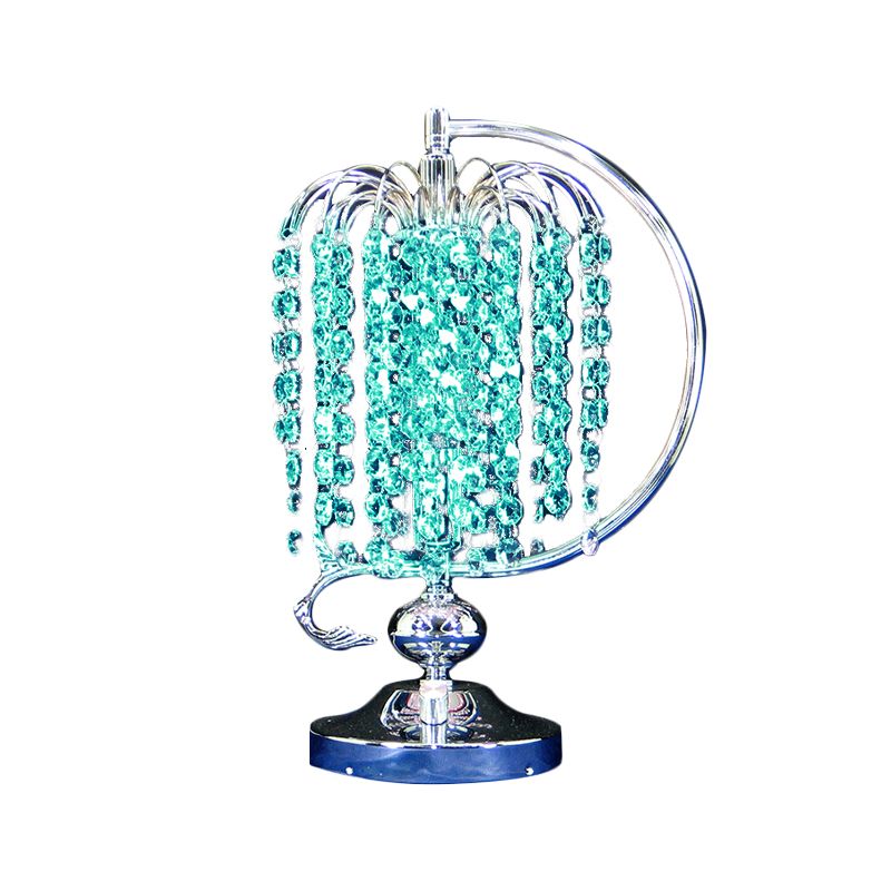 1-Head Drooping Tassel Night Light Retro Pink/Yellow/Blue Crystal Table Lighting with Polished Chrome C Arm