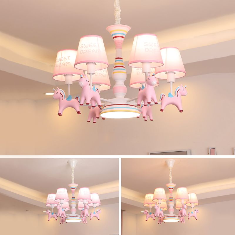 Nordic-Style Carousel Pendant Light Fixture Metal kids Bedroom Chandelier Lighting in Pink