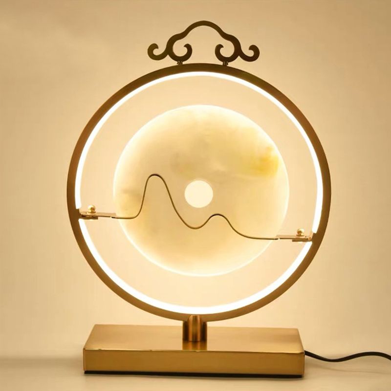 Loop Night Table Lamp Simple Metal 11"/12" W LED Bedroom Night Lighting in Brass with Round Jade Deco