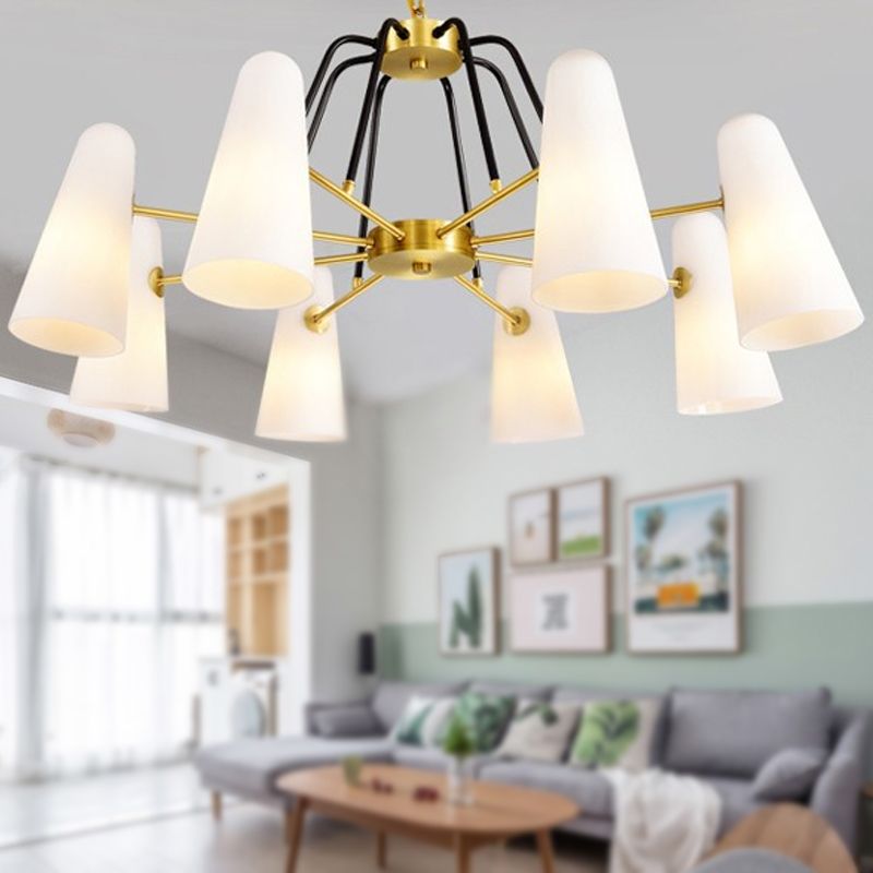 Postmodern Cone Opal Glass Hanging Lamp 6 Lights Ceiling Chandelier in Gold