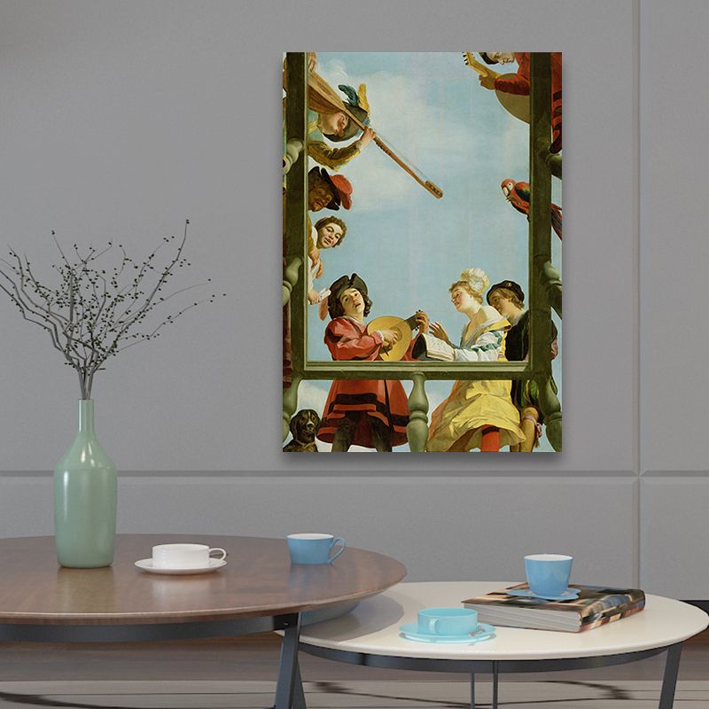 Vintage Painting Blue Musical Group on a Balcony Canvas Wall Art for Sitting Room