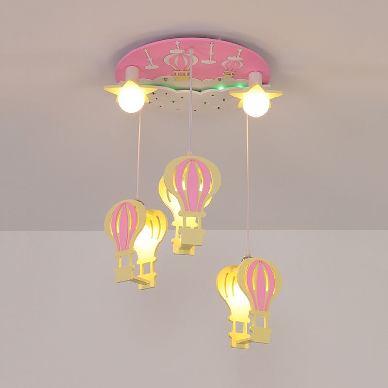 Hot Air Balloon Semi Flush Cartoon Wooden 5 Bulbs Pink/Blue Ceiling Flush Mount Light for Nursery